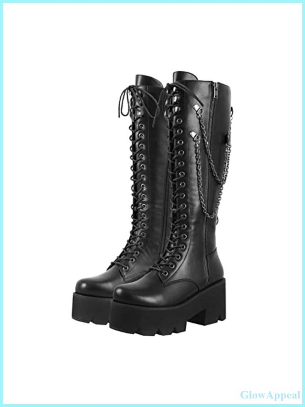 Women's Platform Knee High Combat Boots Faux Leather Lace Up Side Zipper Gothic